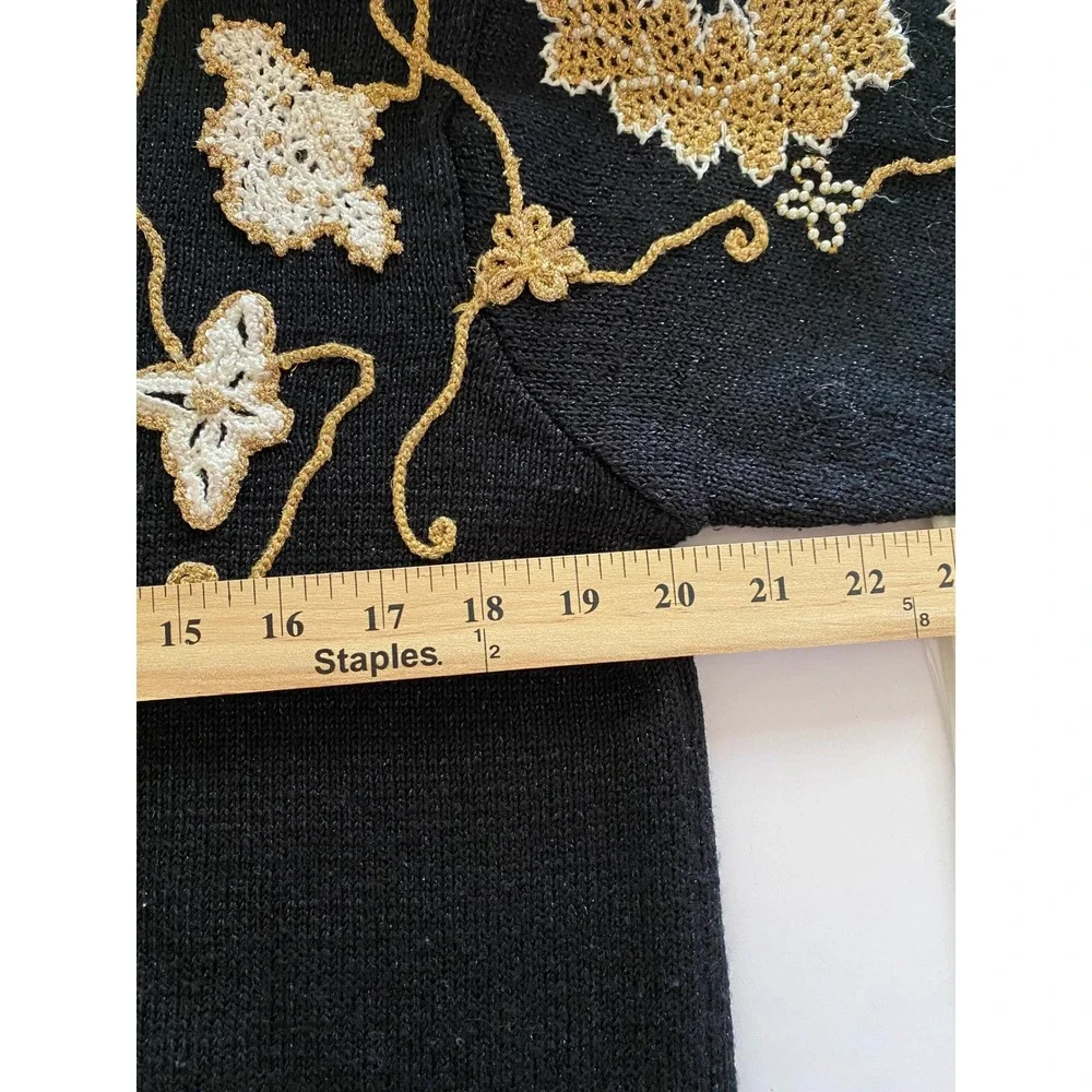 Jaclyn Smith Vintage Black Gold Crochet Floral Pearl Beaded Knit Sweater M 9472 - Picture 6 of 6